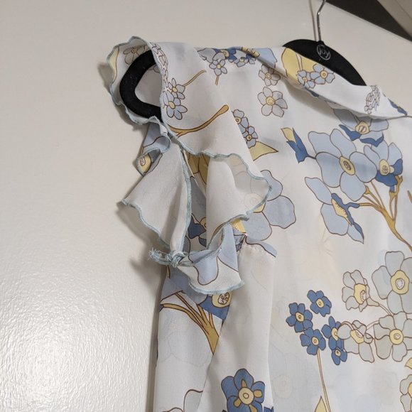 Silky Sheer White, Blue, and Yellow Floral Short Sleeve Blouse (Size: S/M) - Picture 3 of 3
